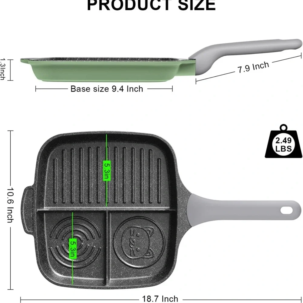 Nonstick Divided Pan for Stove Tops, 10.6Inch 3 Section Pan, Breakfast Pan